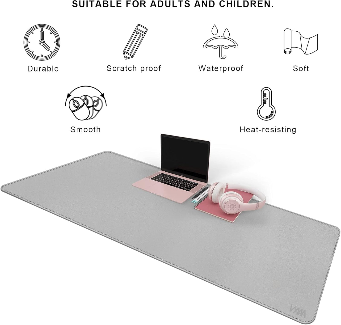 VYAAA Leather Desk Mat, 55"×24" Large Mouse Pad, Desktop Protector for Desk, Multifunctional Keyboard Mouse Pad for Home or Office (Light Gray)