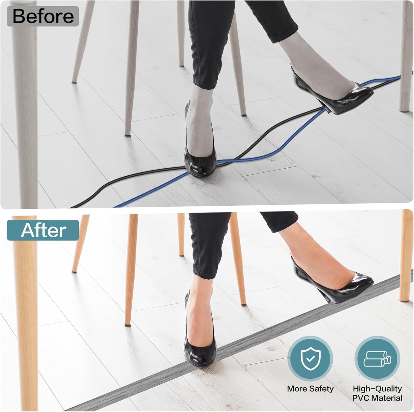 Floor Cord Cover Self Adhesive Cord Hider Floor Extension Cord Covers for Floor Power Cord Protector Cable Management Prevent Cable Trips Cable Cavity 0.47" W x 0.27" H (Light Grey Wood, 10Ft)