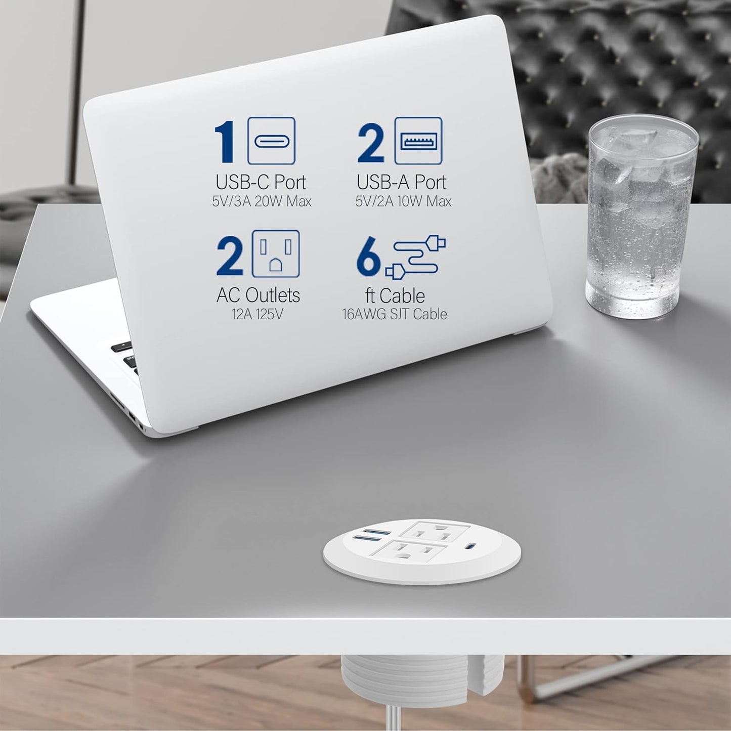 3 inch Desktop Power Grommet USB C,20W Fast Charging Station,Furniture Recessed Power Strip,2 Outlets,3 USB Ports,Flush-Mount for Desktop, Workspace Essential Desk Outlet,2 Pack (White)
