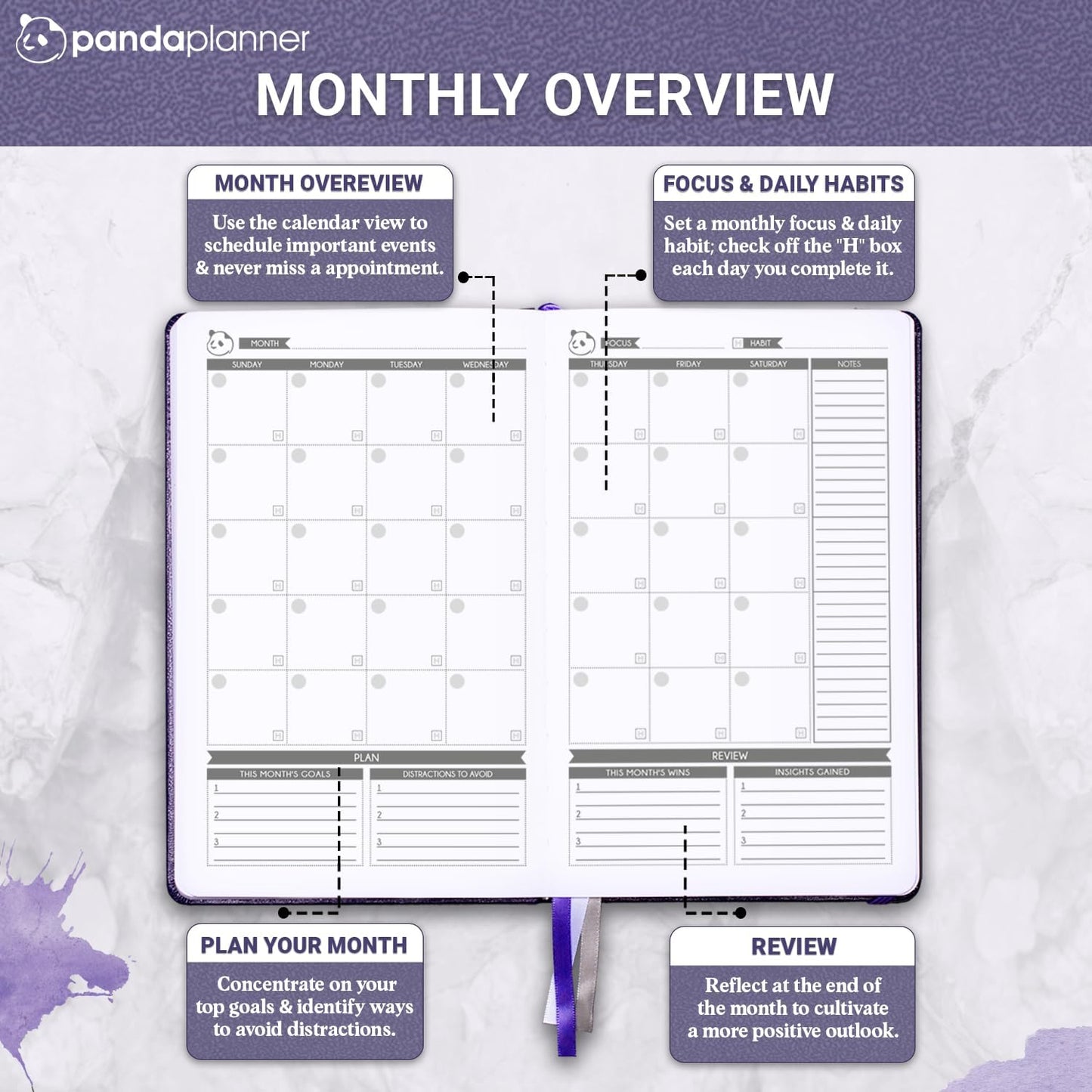 Panda Planner Classic Daily Planner 2025-2026 – Undated Day Planner & Productivity Calendar Notebook for Focus, Goals & Time Management – Purple