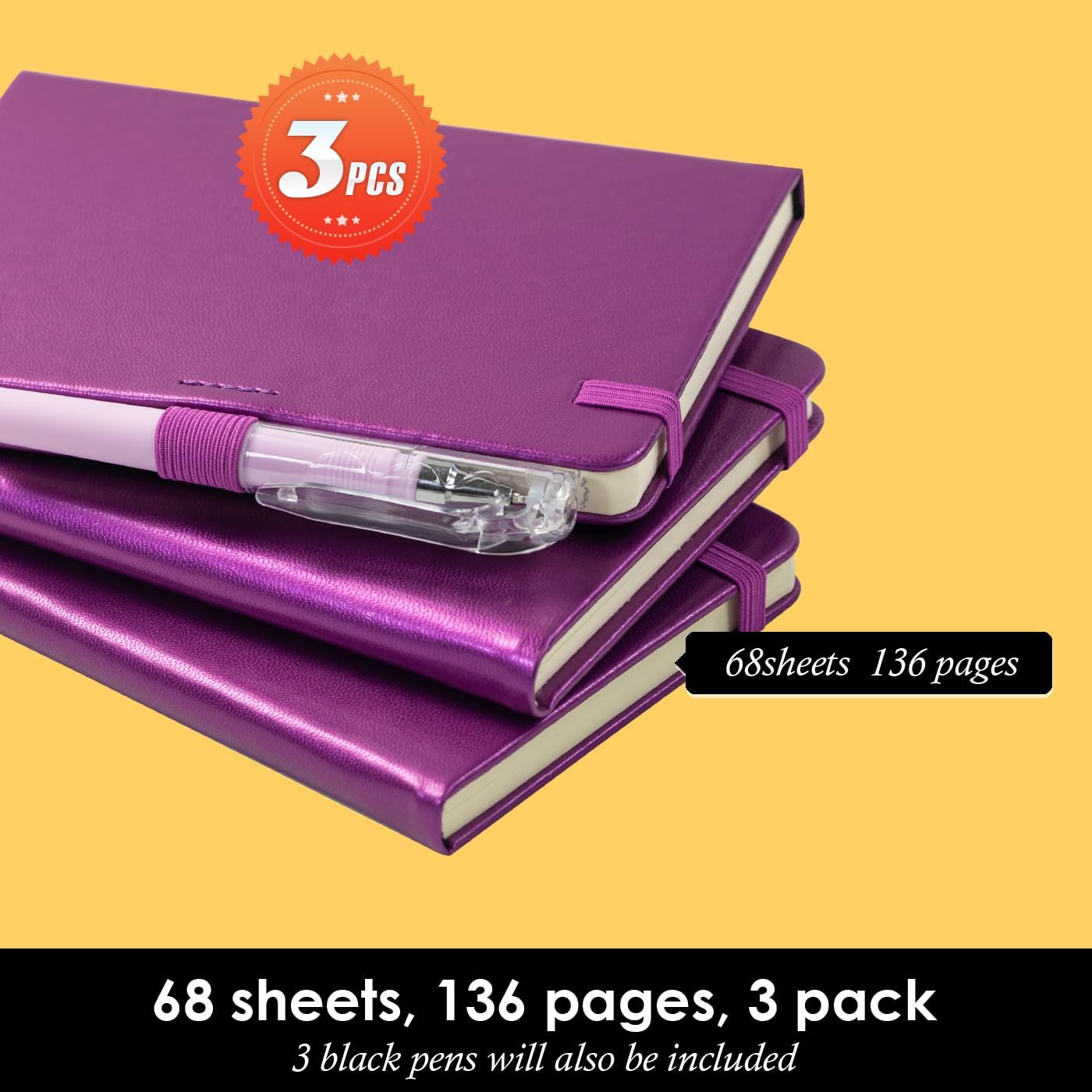 (3 Pack) Pocket Journal Notebook, Small Mini Notepad with Pens for Work, hardcover A6 Notebook 3.7" x 5.7" College Ruled with 100Gsm Premium Lined Paper, Pearlescent Purple
