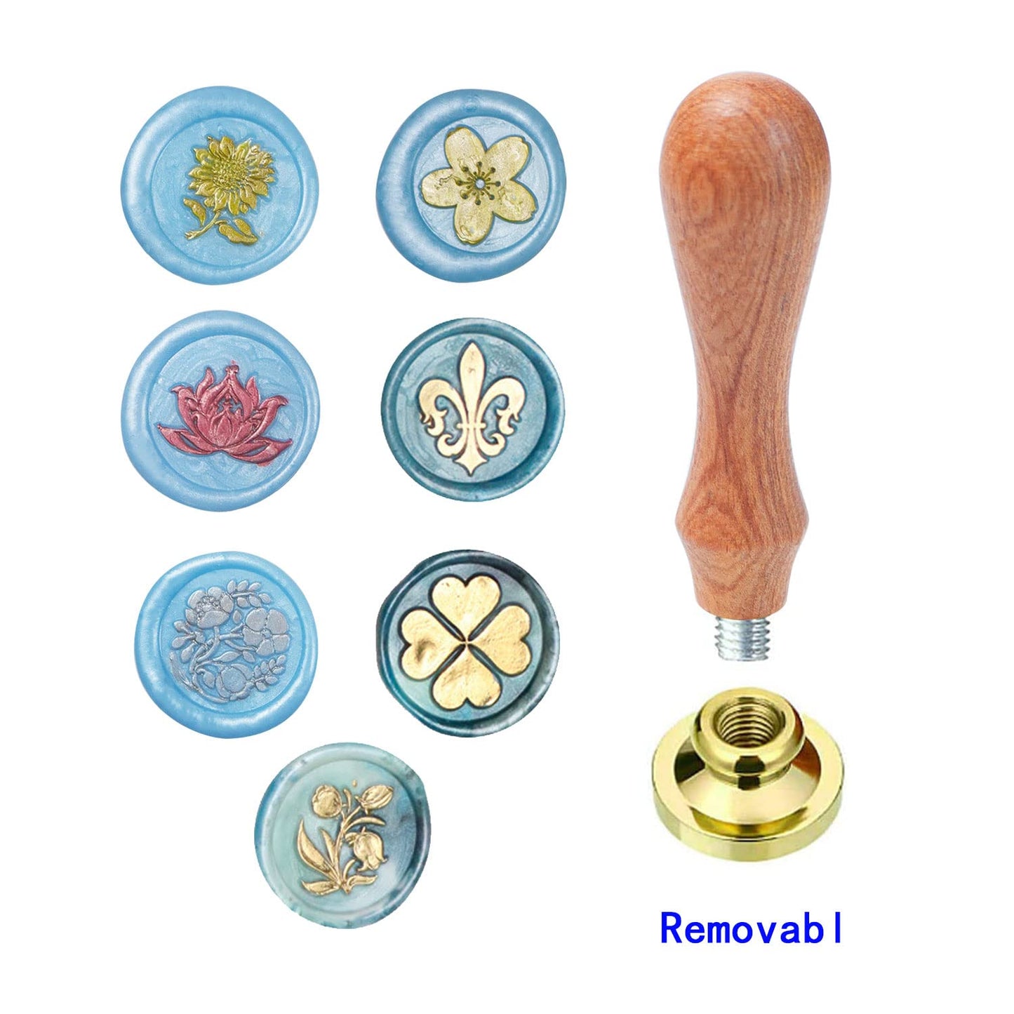 Flower Wax Seal Stamp Set with 7 PCS Removable Brass Heads and 1 Wooden Handle - Sunflower, Three Flowers, Lotus, Cherry Blossoms Sealing Wax Stamp for Cards & Invitations