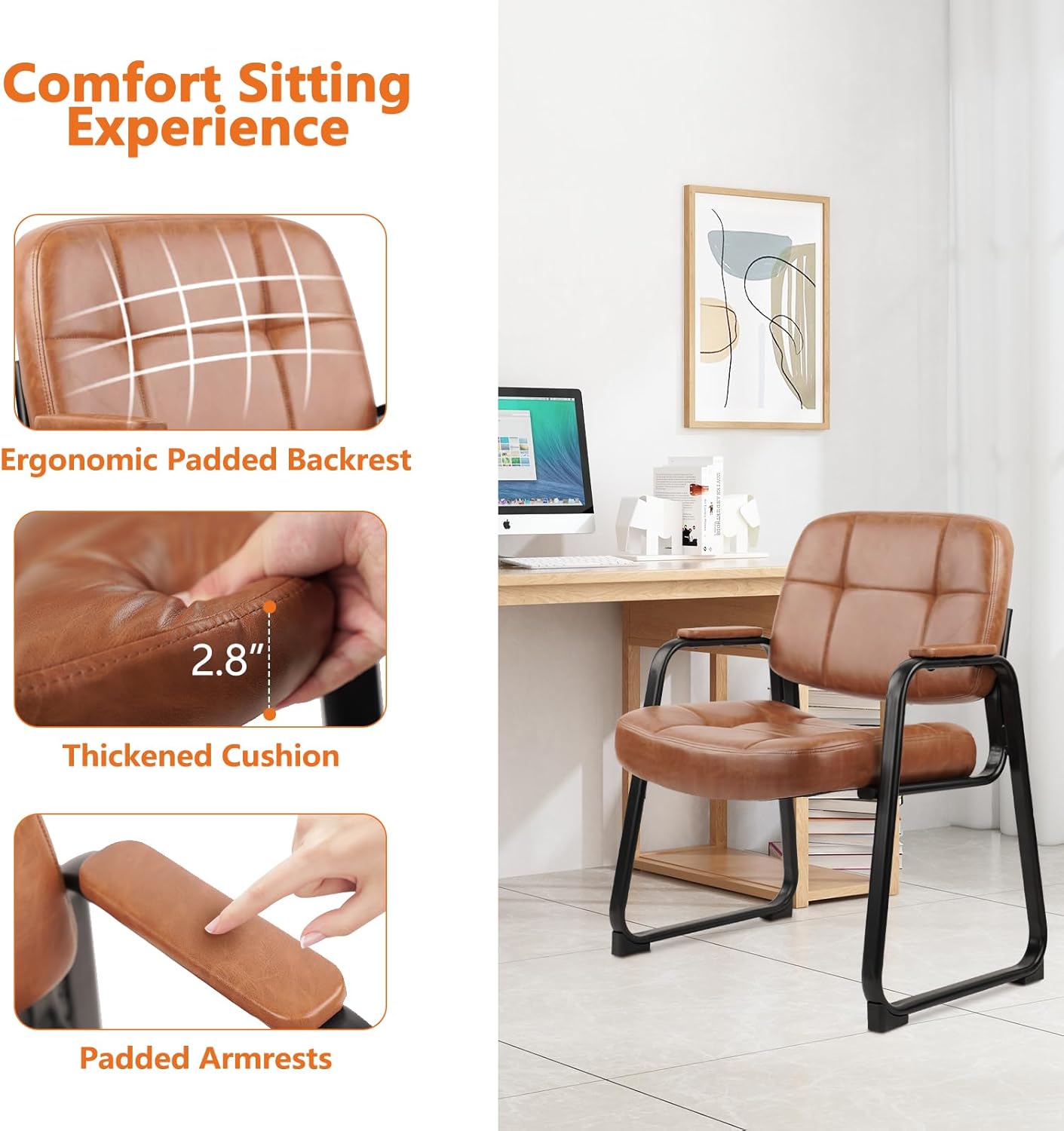 CLATINA Big & Tall 500 lbs Waiting Room Chairs with Padded Armrests and Sled Base, Leather Stationary No Wheels Office Guest Chair for Reception Lobby Home and Meeting Conference, Brown (2 Pack)