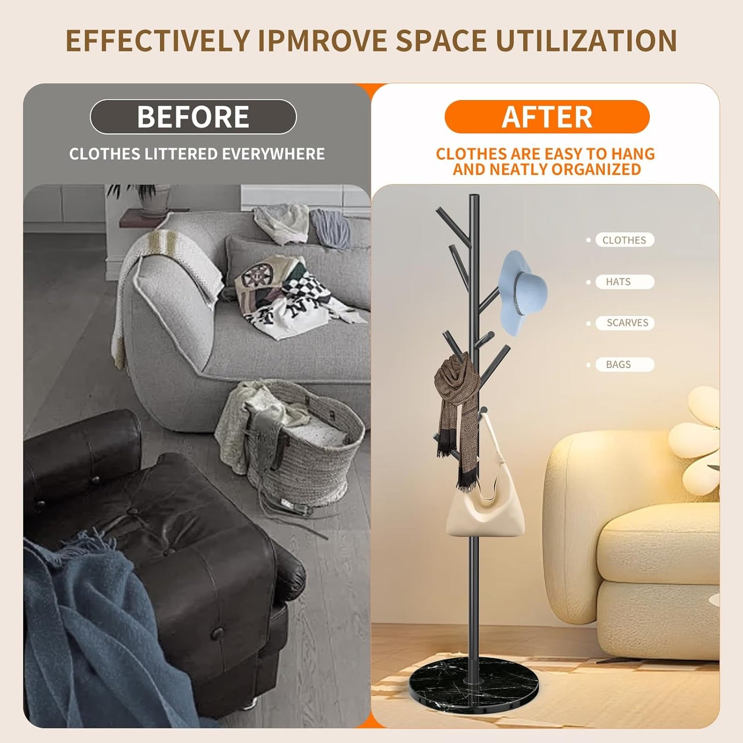 Metal Modern Coat Rack Stand, Sturdy Freestanding Coat Rack with Natural Marble Base, Black Coat Racks and Coat Hall Tree Hanger Stand for Entryway, Hallway, Office (Black Marble base)