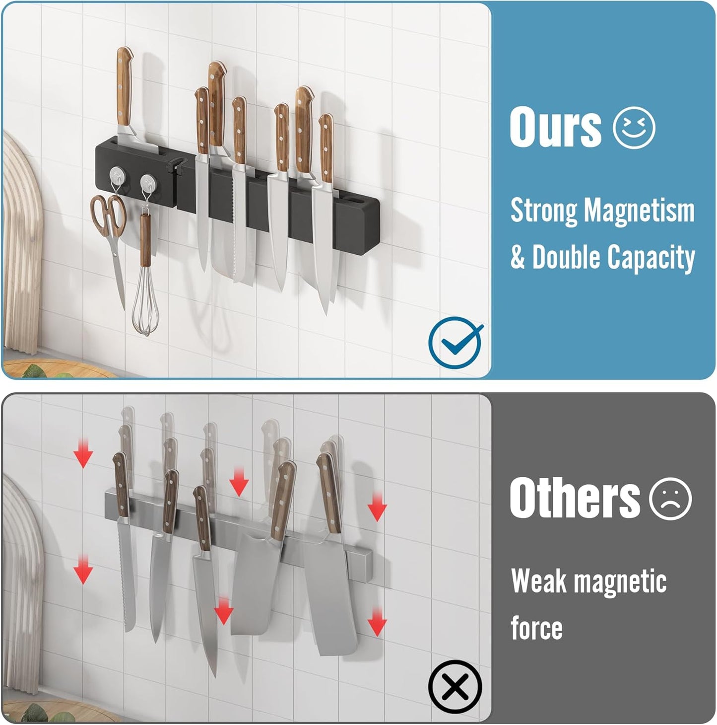 Magnetic Knife Holder for Wall, Acacia Wood Knife Magnetic Strip No Drill Knife Magnet Storage Bar Magnetic Tool Key Holder Strip for Kitchen Utensil Organizer (Black, 16 Inch Large)