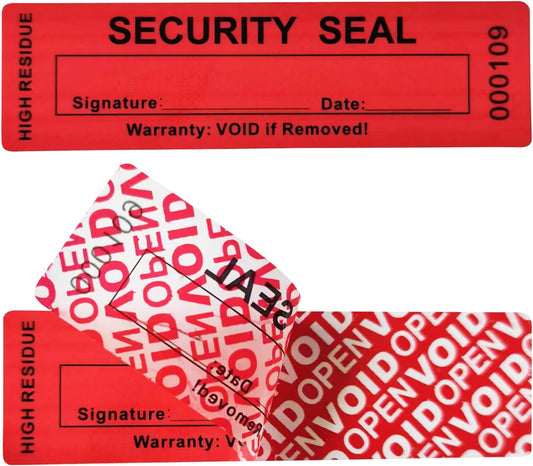100pcs 25x90mm Total Transfer Tamper Evident Signable Security Tamper Proof Stickers Labels Seals (1x3.54 Inches,Serial Number,Matte Red)