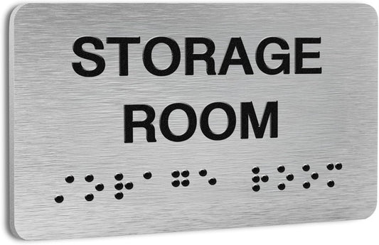 Storage Room Signs for Business and Office Sign, ADA Signs with Raised Text & Grade 2 Braille, Easy Installation with Adhesive Pad – Brushed Aluminum/Silver
