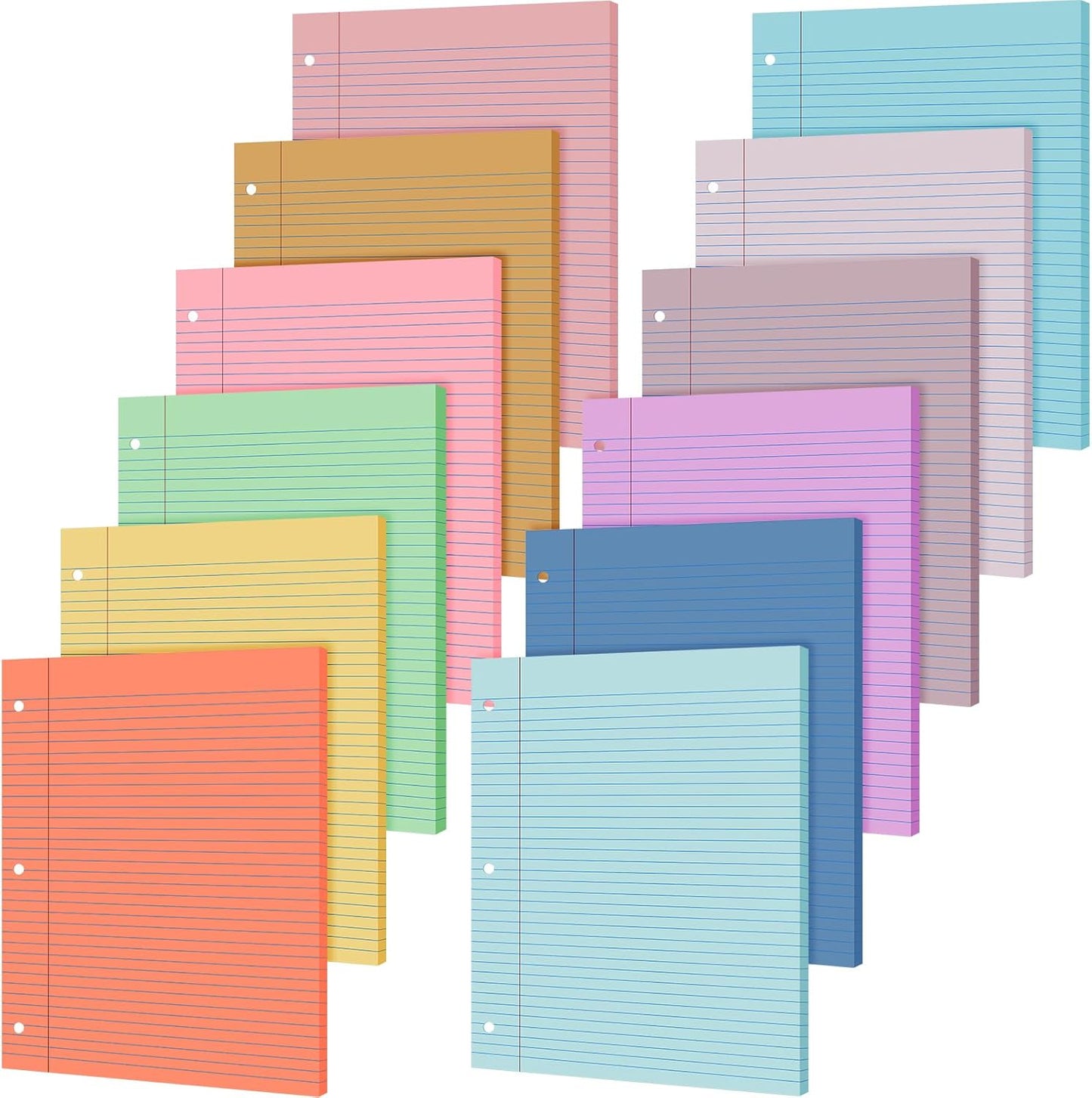 PerKoop 12 Pack 600 Sheets Colored Lined Paper Bulk Wide Ruled 8 x 10.5 Inches, Pastel Loose Leaf Notebook Paper 3 Hole Punched Filler for Back School Classroom Supplies(Sweet Color)