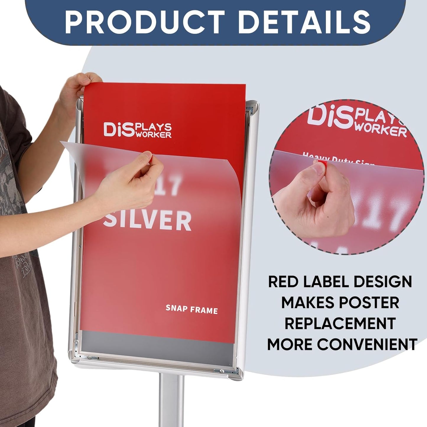 DISPLAYSWORKER Adjustable Heavy Duty Pedestal Sign holder floor Stand,sign stand poster stand Aluminum Snap Open Frame,Standing Floor for 8.5x 11 inch,Vertical/Horizontal View,SILVER