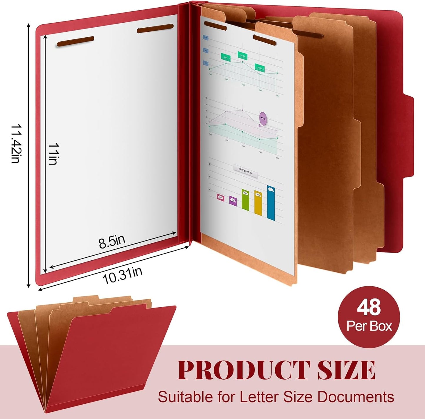 48 Pcs Classification Folders Letter Size, 3 Divider Pressboard File Folder with Fasteners, Expanding File Organizer Bulk for Teachers, Clergy, Office, Church, Christmas Donations (Red)