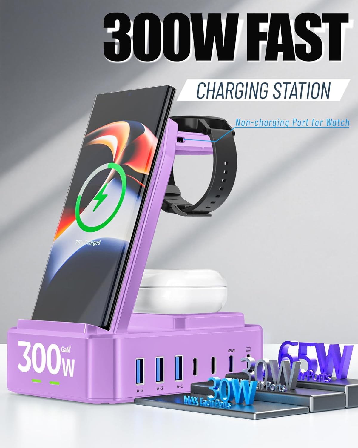 300W Wireless Charger for Samsung,Zutspzss 10 in 1 Wireless Charging Station, 65W USB C Fast Charging Stand for Samsung S25 Ultra/S24/S23/S22/Z Fold,Galaxy Watch Ultra7/6/5,Galaxy Buds,Purple