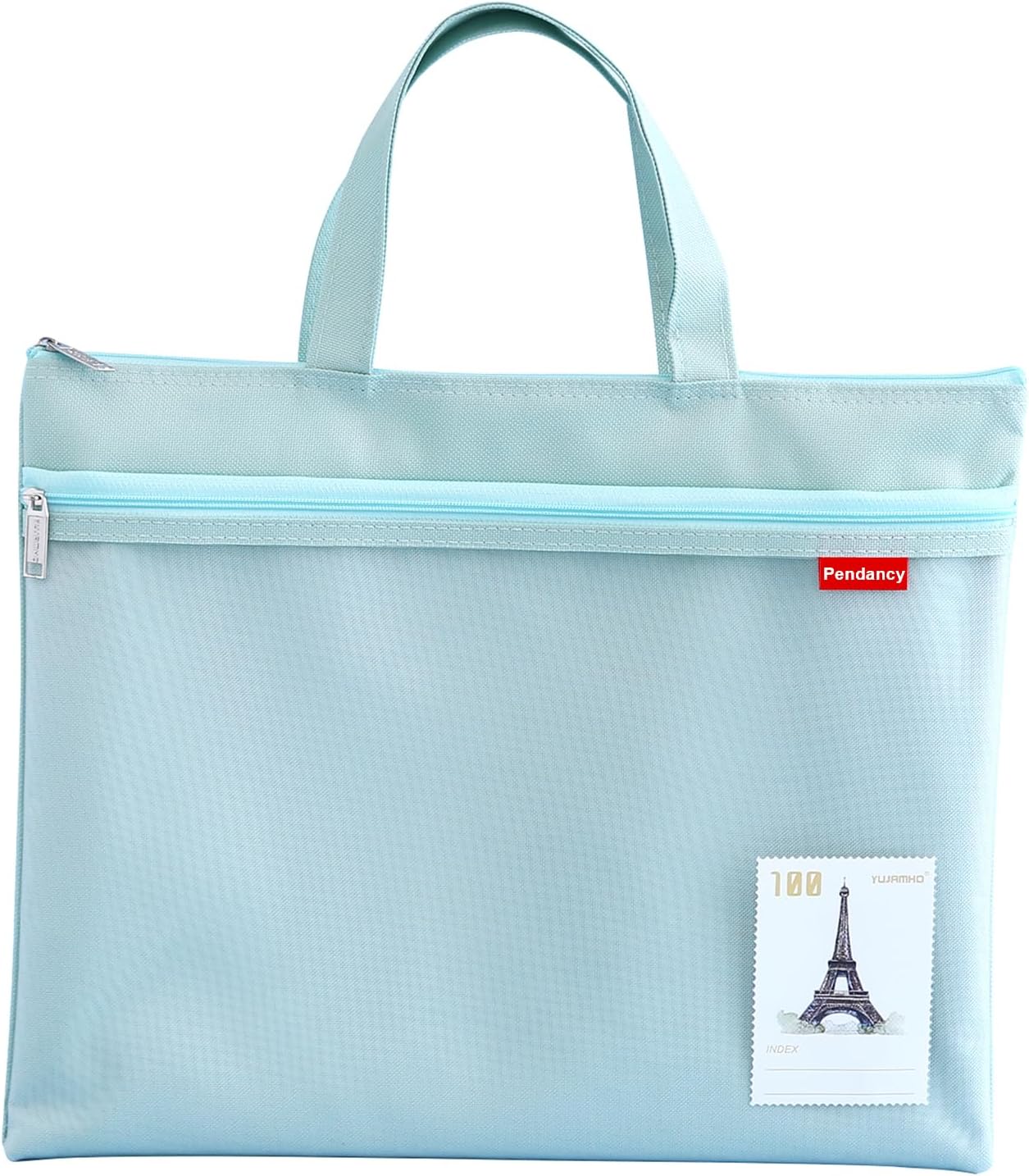 Pendancy Mesh Zipper Pouch 11x13.7 in, Large Double Pocket Waterproof File Bag with Handle, A4 Size Foldable Document Storage for Puzzle Project/Cross Stitch/Travel/Office（Green）