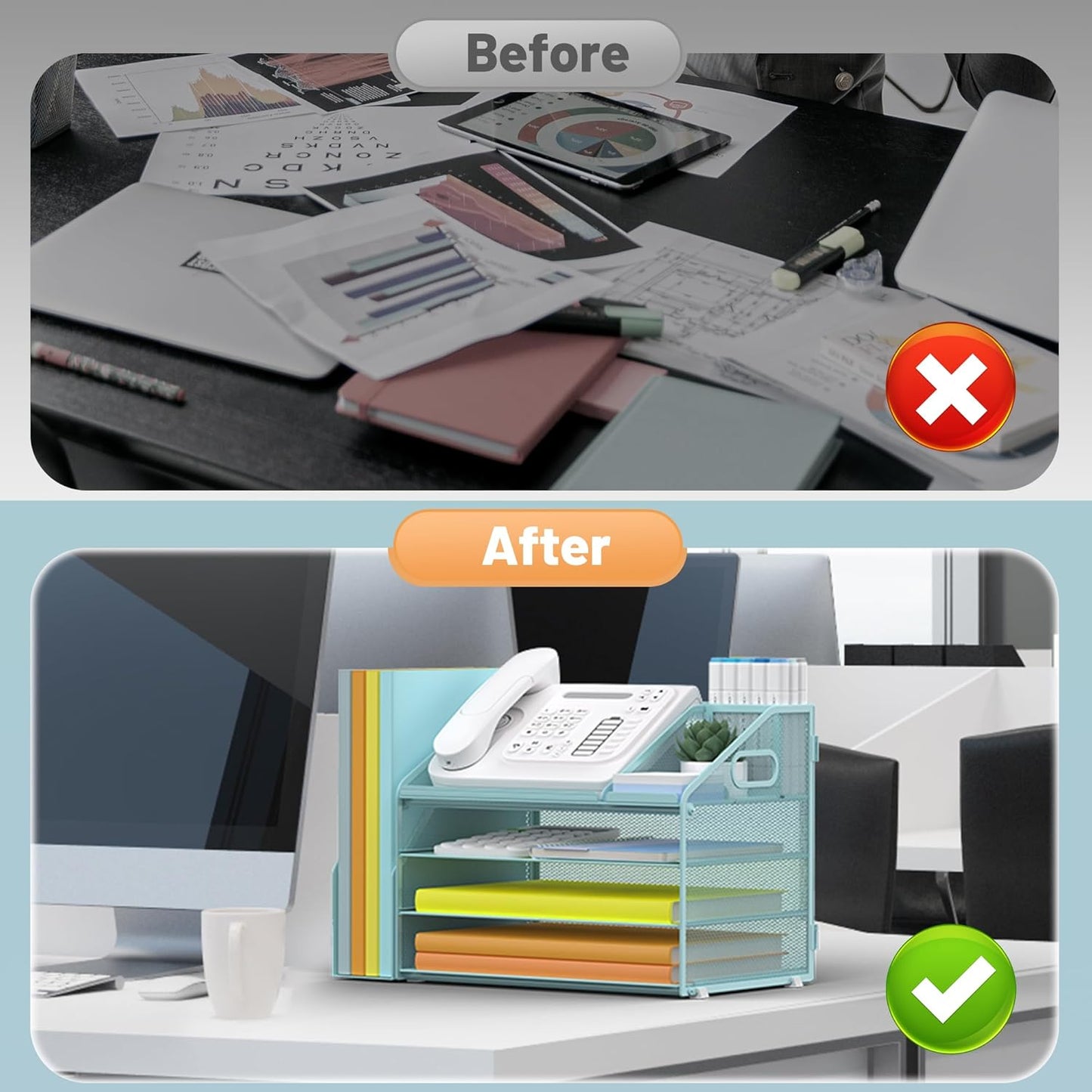 DocNest 4 Tier Paper Letter Tray File Organizer, Mesh Desk File with Handle, Workspace Desk Organizers with Pen Holder, Office Organization Storage Accessories - Blue