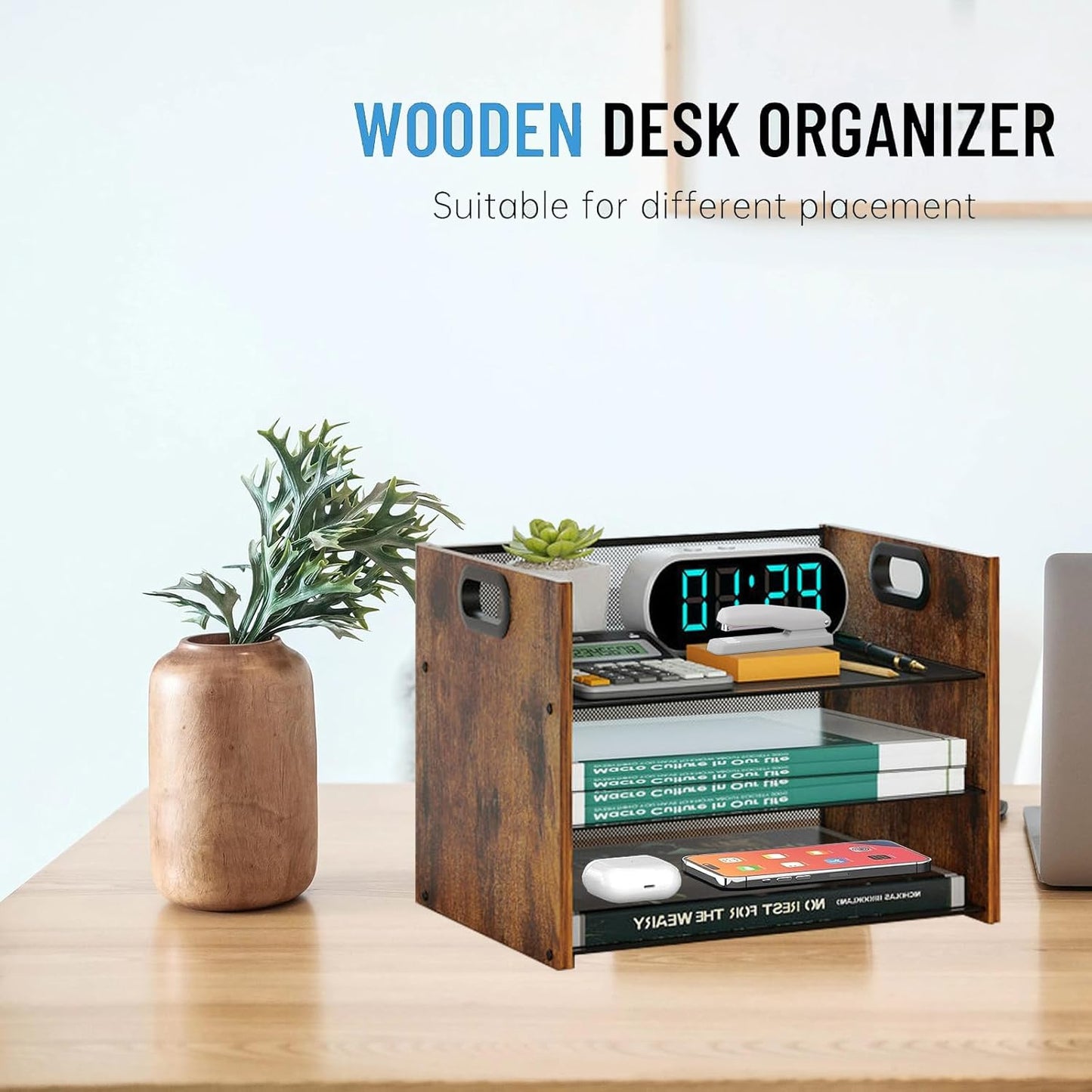 Wood Desk Organizer - 3-Tier Desktop File Organizer, Wooden Paper Tray, Office Desk Organzier and Accessories for Papers, Mail, Notebooks, Stationery