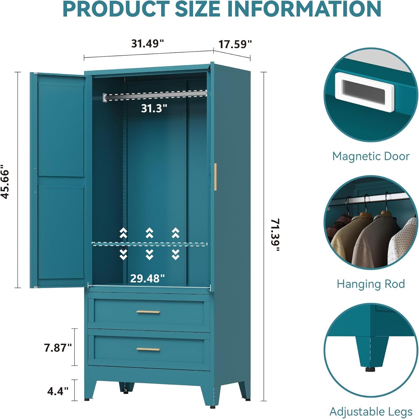 Metal Wardrobe Cabinet with Hanging Rod, 71" Armoire Wardrobe Closet with 2 Drawers,Farmhouse Metal Clothing Storage Cabinets with Door and Adjustable Shelves for Bedroom,Laundry Room(Blue)