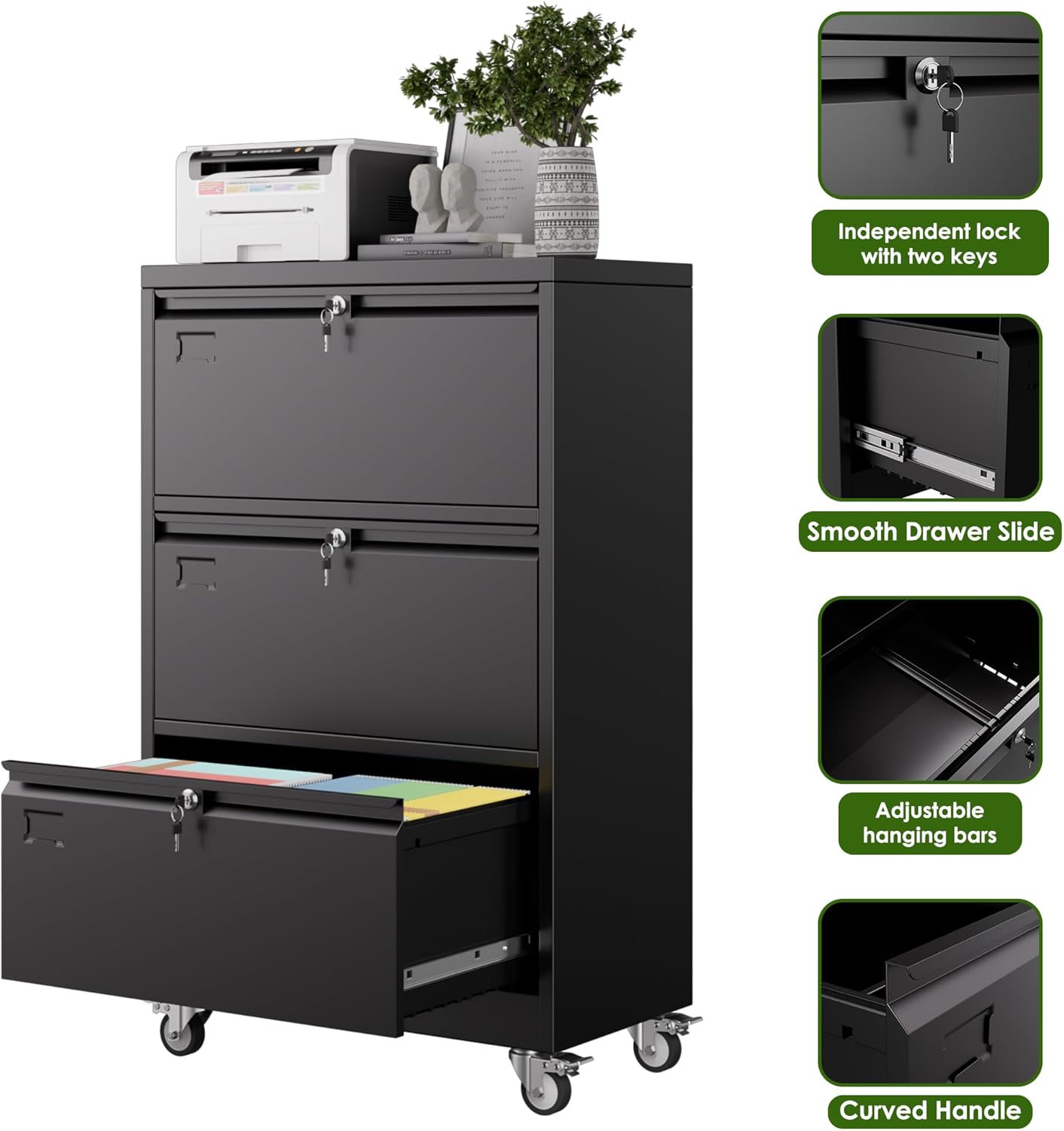 Aobabo 3 Drawer Wide File Cabinet with Wheels, Lockable Metal Filing Cabinet for Home Office, Legal/Letter Size,Black,Required Assembled,15.87" D x 28.94" W x40.48 H