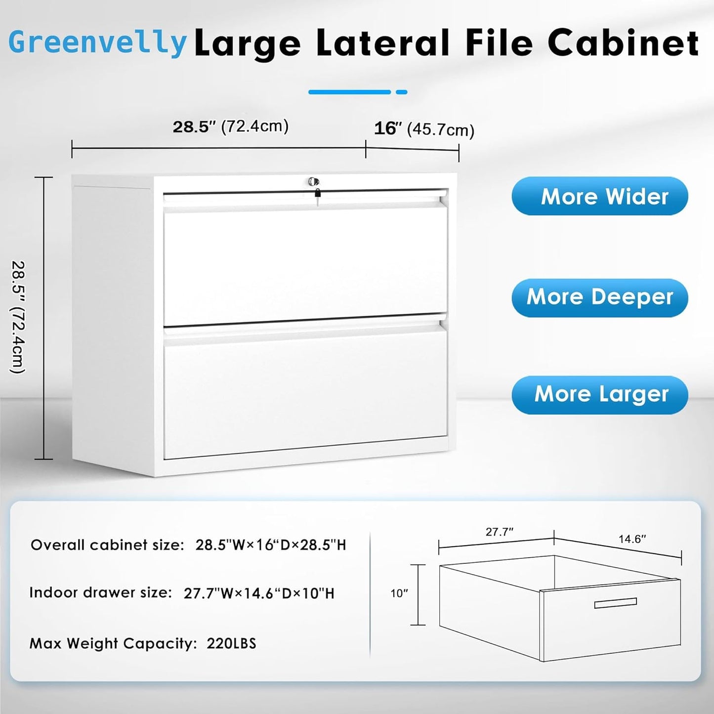 Pataku Lateral File Cabinet, 2 Drawer File Cabinet with Lock, White Filing Cabinets for Home Office, Metal File Cabinet for Hanging Files/Letters/Legal/F4/A4(White)
