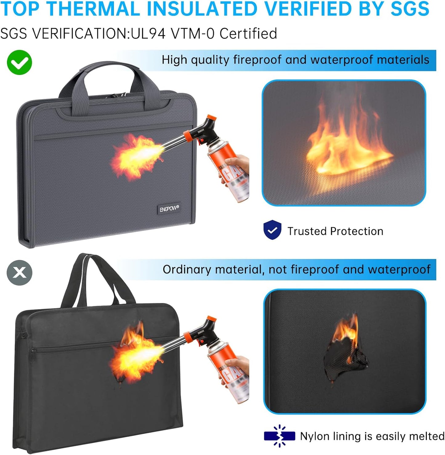 ENGPOW Accordion File Organizer,Fireproof Expanding File Folder with Multi Pockets,13 Pockets Document Organizer Bag with Handle & Labels,Portable Home Travel Safe Storage for Letter A4 Files,Gray