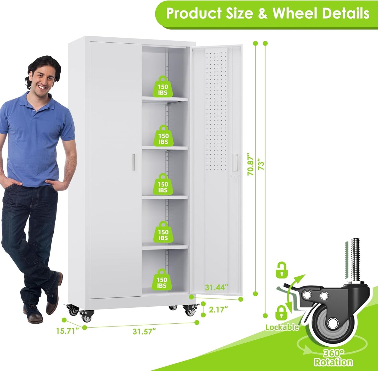 Aobabo 73''H Garage Storage Cabinet with Wheels,Office Storage Cabinet with Lock,Steel Cabinet with 2 Doors and 4 Adjustable Shelves for Garage Office,Required-Assembly White