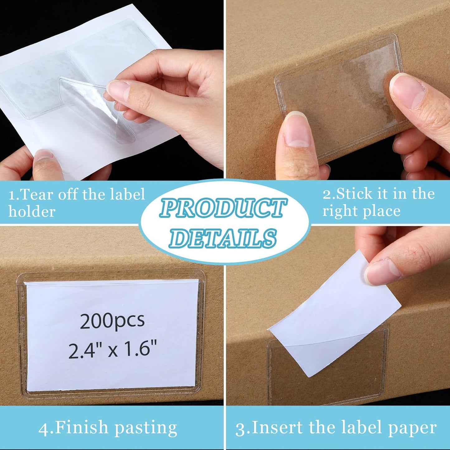 Jeyiour 200 Pcs Label Holders Adhesive Nameplate Pockets Storage Bin Labels Index Card Holder Shelf Plastic Peel Stick for Classroom Supermarket Bookshelf Library Student Box Drawer (2.4 x 1.6 Inch)