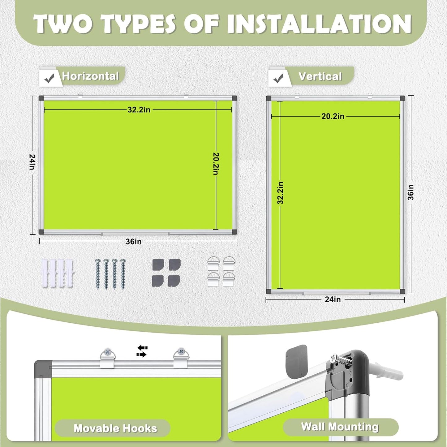 WALGLASS Magnetic Whiteboard 36"x24" Dry Erase White Board for Walls with Pen Tray, Aluminium Frame and Dry-Wipe Writing Surface for Kids' Drawing, Home, and Office (Green)