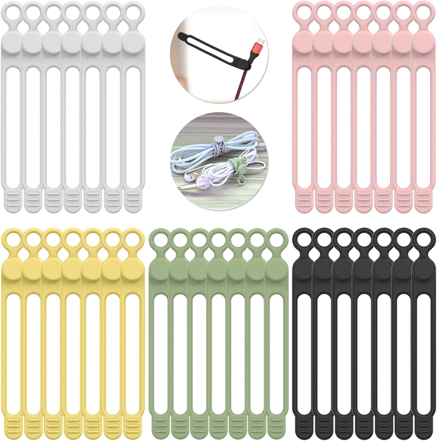 35pcs Silicone Cable Ties,Reusable Cable Management Organizer, Wire Ties，Travel Cord Ties，Cord Organizer for Bundling Cable Cords in Home,Office,Kitchen,School(5 Colors)