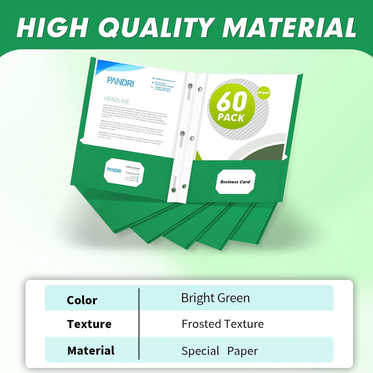 Two Pocket Folders, PANDRI 60 Pack Two Pocket Folders with Prongs, 3 Prong Folders Designed for Office and Classroom, Letter Size Green