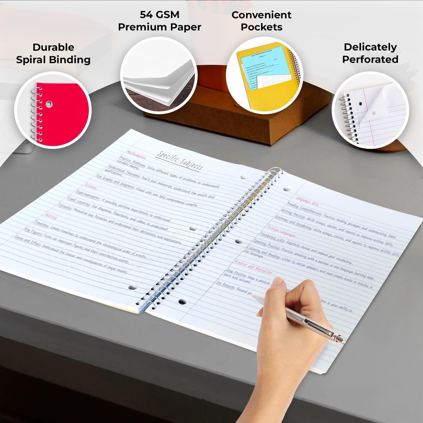 3 Subject Notebook College Ruled, 6 Pack, 150 Sheets(300 Pages), No-Bleed Paper, 3 Hole Punched, 8x10-1/2, 3 Subject Spiral Notebook for School, Home & Office, Assorted Colors