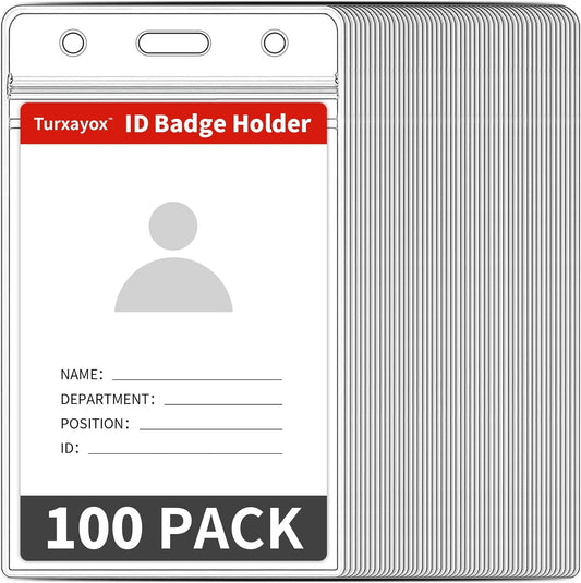 100 Pcs Clear ID Badge Holder, Vertical Plastic Name Tag Protector, Key Card Cover Sleeve, Work I'd Badge Badge Holders with Waterproof Resealable Zipper for Nurse Lanyard
