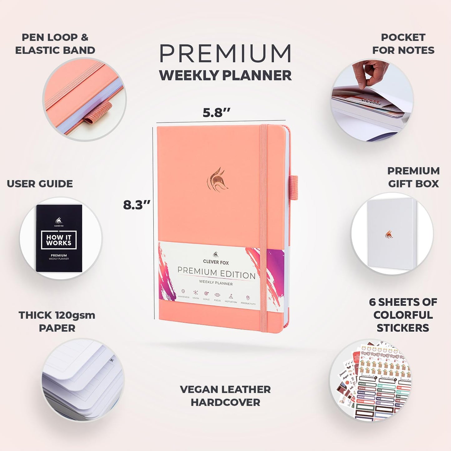 Clever Fox Planner Premium Edition – Undated Luxurious Weekly & Monthly Planner to Increase Productivity and Hit Your Goals – Organizer – Start Anytime, A5, Lasts 1 Year, Light Pink (Weekly)