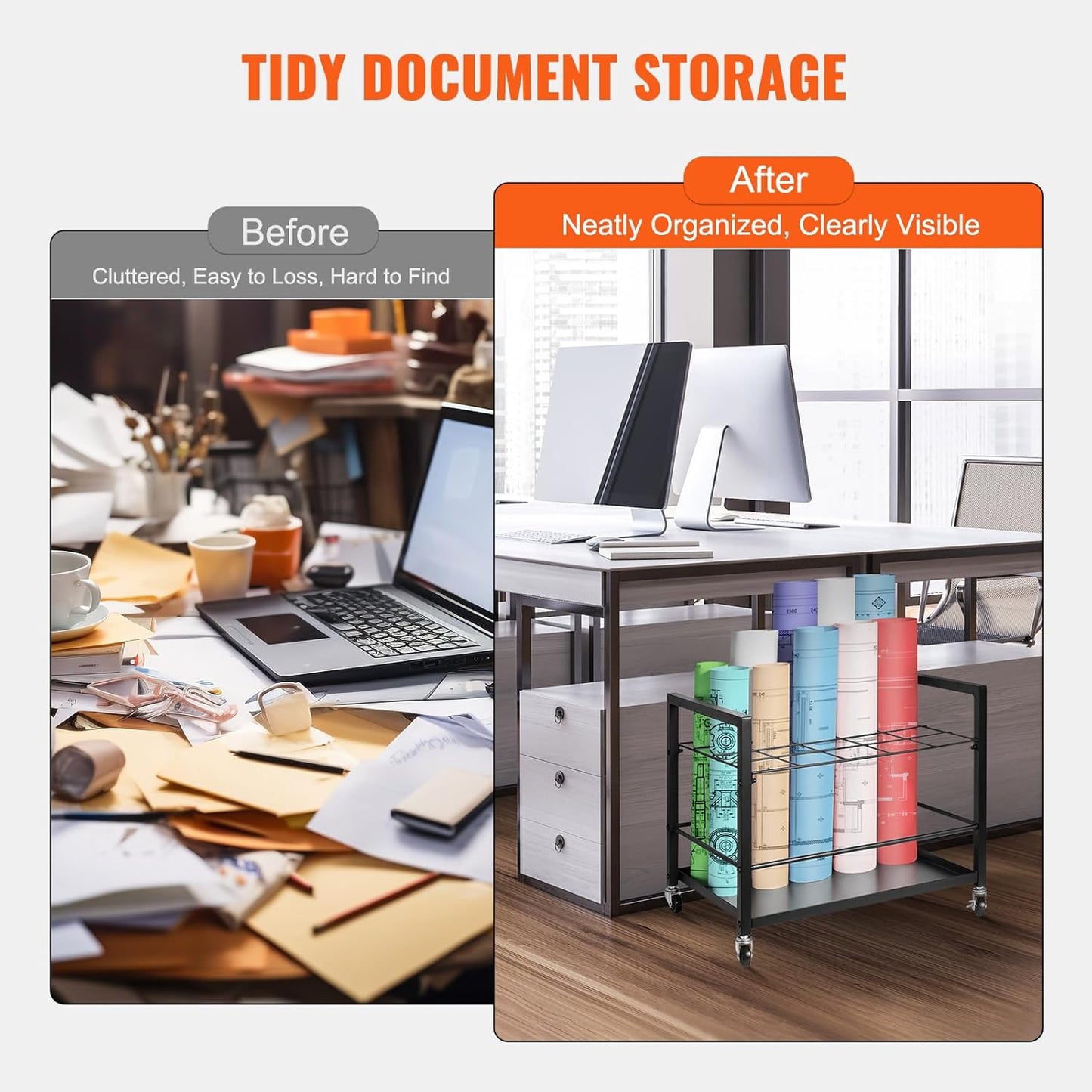 VEVOR Blueprint Storage Rack, 20 Slots Blueprint Holder with Wheels, Mobile Metal Blueprint Storage Cart for Map Poster Architectural Construction Plan, Roll File Organizer for Home, Office, School