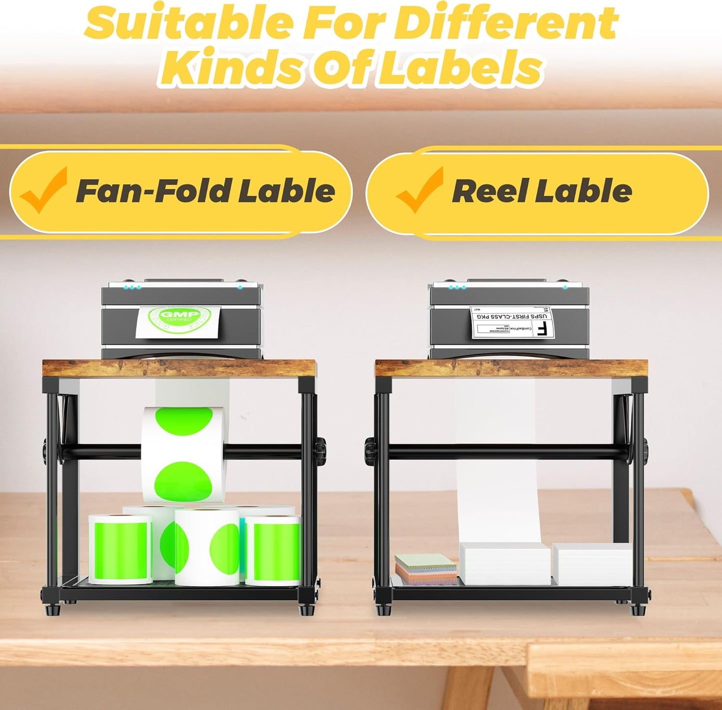 Label Holder for Rolls and Fan-Fold Labels, Wooden Sticker Dispenser for Desktop Thermal Printer, Sticker Roll Holder Organizer, Shipping Label Stand for Home, Office, Small Business (Black)