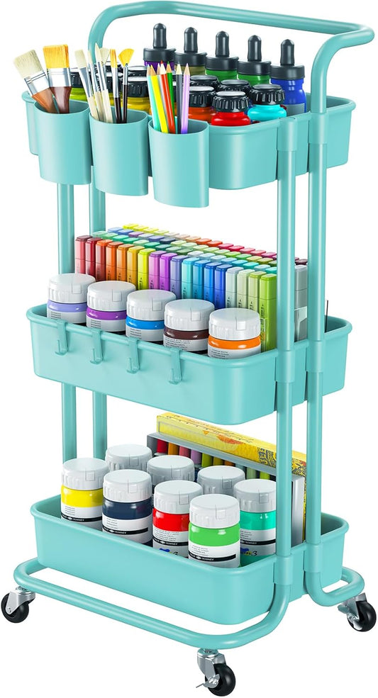 Pipishell 3 Tier Rolling Cart with Wheels - Rolling Storage Cart with 3 Hanging Cups & 4 Hooks - Art & Craft Carts Organizer for Office, Kitchen, Craft Room, Bedroom, Laundry Room (Turquoise)
