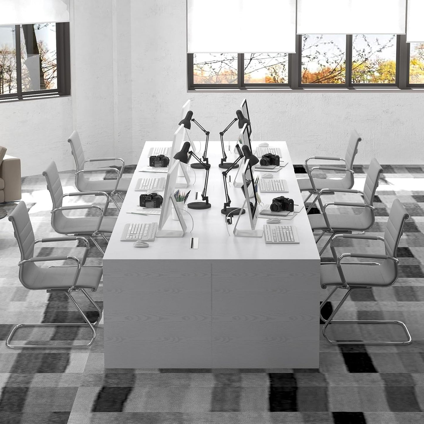 Office Desk Chair Set of 6,No Wheels PU Leather Computer Chairs Mid Back Guest Chairs with Seld Base for School/Reception/Conference/Waiting Room,Grey