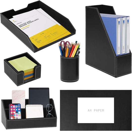 6 Piece Office Supplies/Desk Organizer Set with Desktop Leather Writing Pad,File Paper Tray,Magazine folder Holder, Pen Cup,Sticky Note Holder,Letter Mail Sorter,Workspace Decor for Women Men Black