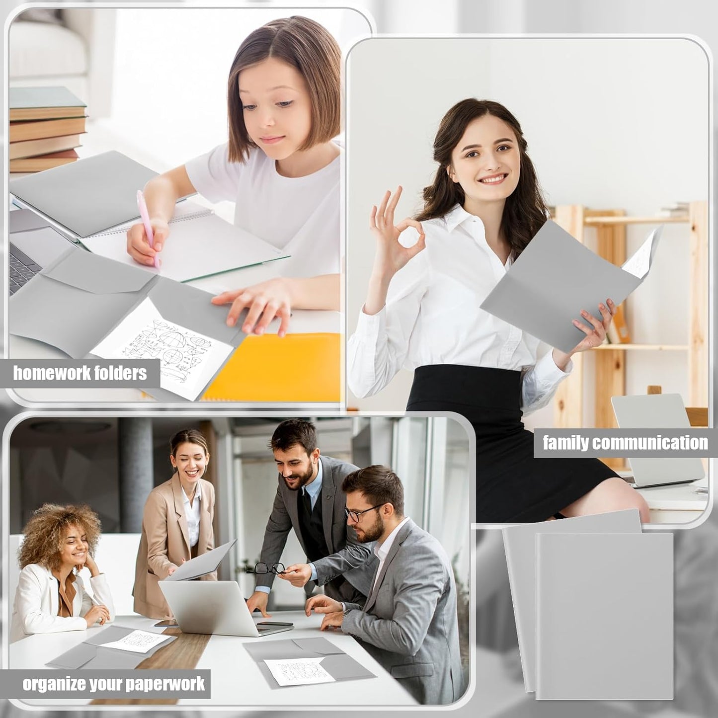 Gueevin 150 Pcs Plastic Folders with Pockets, Two Pocket Folder Fit 8.5 x 11 Inch Letter Size Paper, Heavy Duty School Folders Business Card Holder for Home Office School Bussiness (Light Gray)