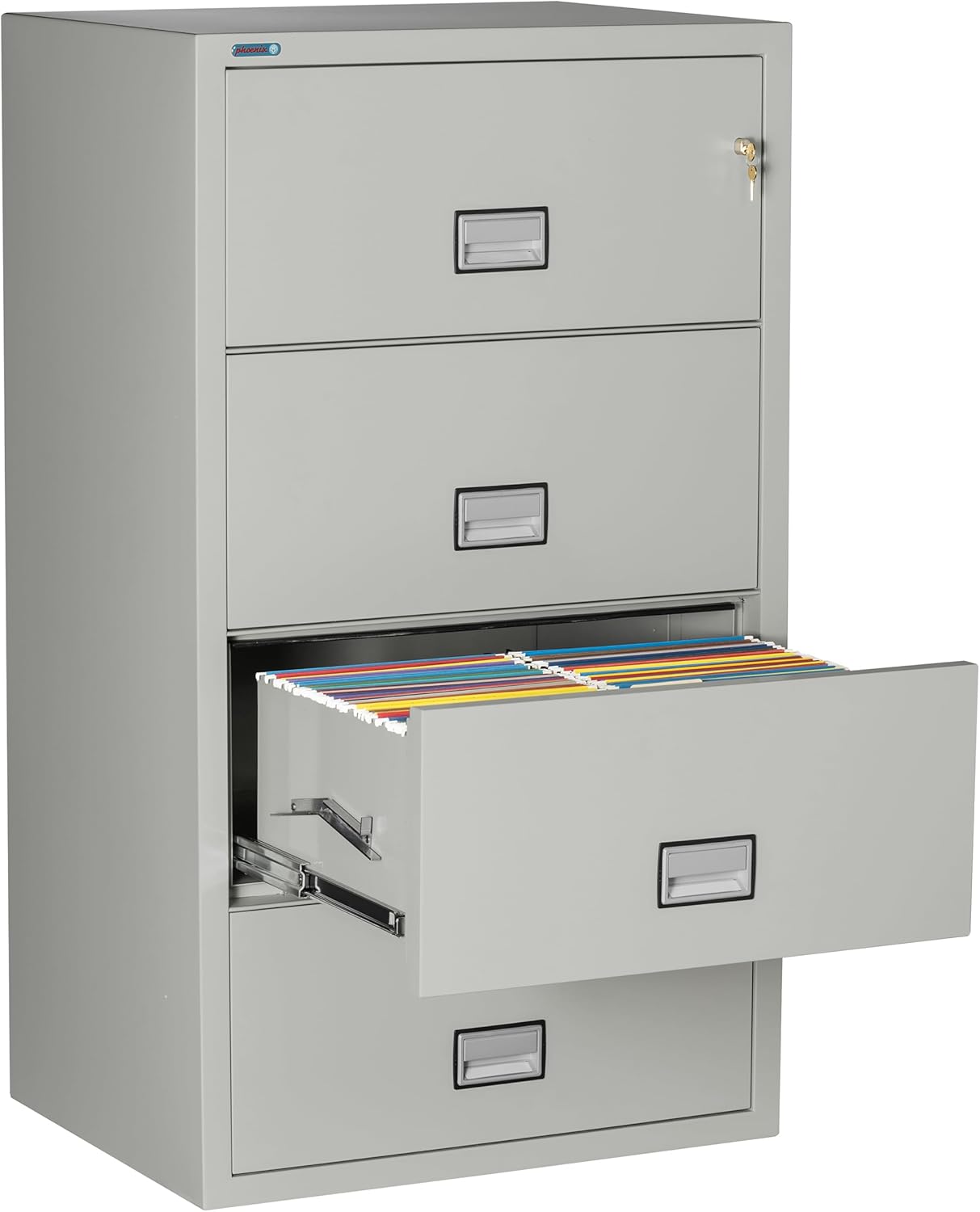 31 inch Wide 4-Drawer Lateral Fireproof File Cabinet – Legal and Letter Size Filing – Key Lock – Water Resistant – Fire Safe and Impact Rated – Light Gray Finish – Model LAT4W31LG