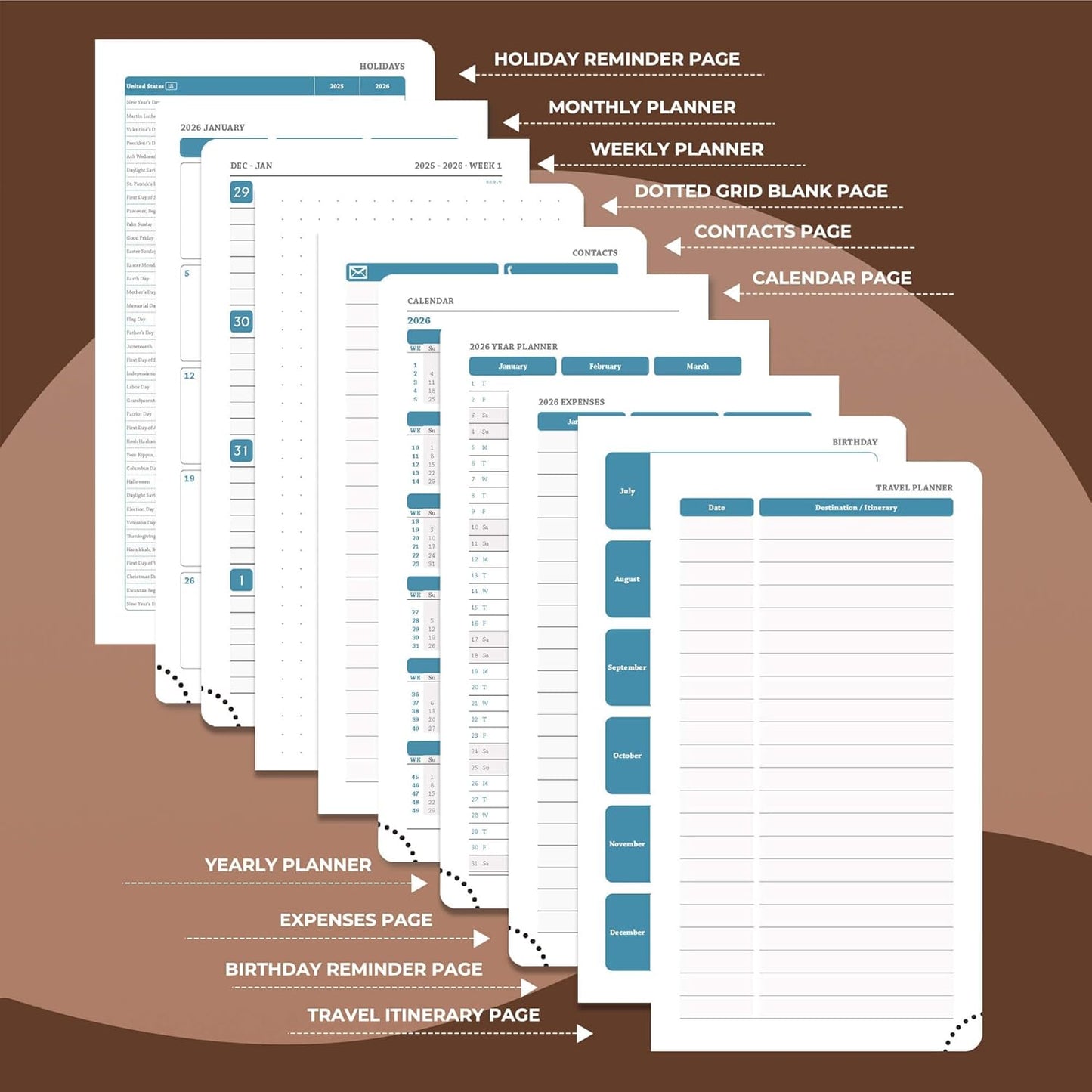 Planner 2026 Daily Weekly and Monthly,6.5"x3.75",12 Months Spiral Bound Calendar Agenda with Self-adhesive Pen Holder,2026 Appointment Book with Vegan Leather Soft Cover,Brown