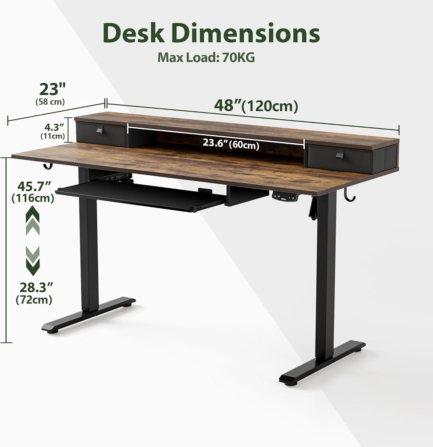 Agilestic Electric Standing Desk with 2 Drawers and Keyboard Tray, 48 x 23 Inches Ergonomic Adjustable Height Desk with Storage, Sit Stand Computer Workstation, Rustic Brown