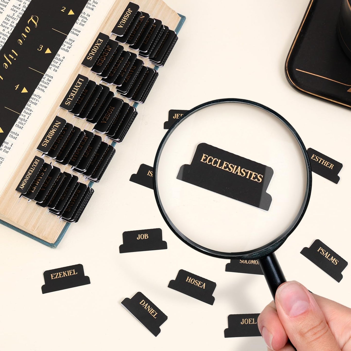 Laminated Bible Tabs, Gold Foil Embossed Lettering Bible Chapter Index Tabs for Women Men, Reposition Large Print Sticky Labels, Easy to Read and Apply, 105Chapters Labels for Easy Navigation (Black)