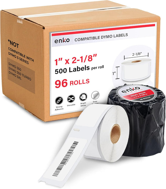 enKo Compatible for Dymo 30336 Labels (1 x 2-1/8 inches) - 96 Rolls, 48,000 Labels for Dymo LabelWriter 450 Turbo Printer and 4XL - Direct Thermal Address, Shipping and Barcode Label