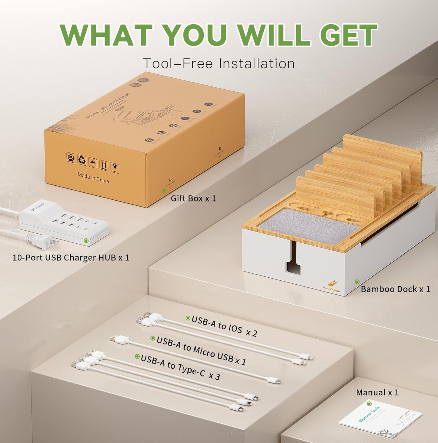 Pezin & Hulin Bamboo Charging Station for Multiple Devices, USB Charger Dock Organizer, with Power Supply (10 Ports HUB), 6 Cables, Cable Management Organizer for Cell Phones, Tablets -Natural+White