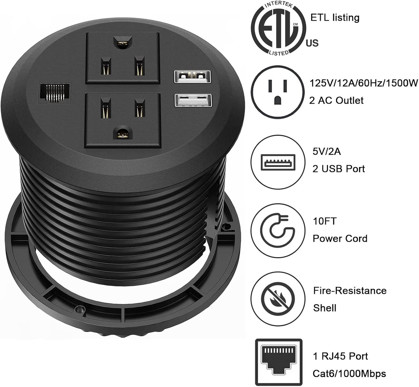 Power Grommet 3 Inch for Desktop, Recessed Desk Outlet with 2USB, 2 AC, 1 Network RJ45 Port & 10Ft Cord, Flush Mount Power Strip Table Power Hub for Countertop, Office, Furniture(Black)