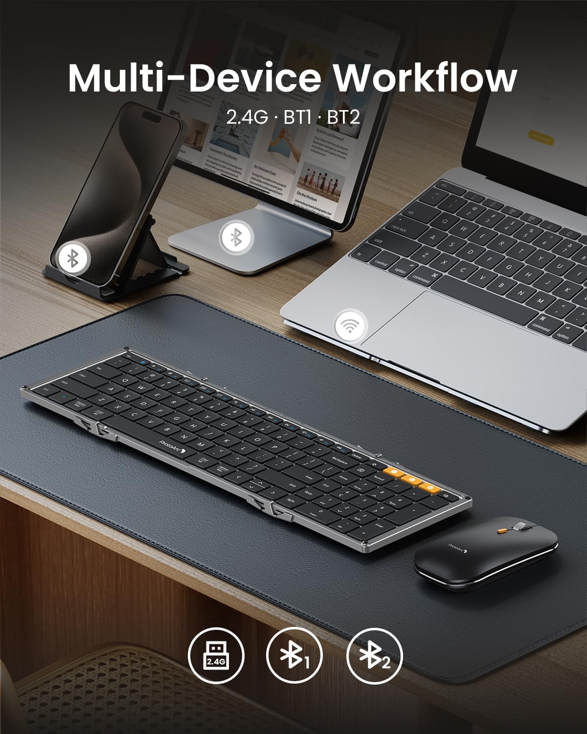ProtoArc Foldable Keyboard and Mouse, XKM01 True Full-Size Folding Wireless Keyboard Mouse Combo for Business Travel, a Portable Office Suite On-the-Go, Compatible with Laptop iPad Tablet - Black Gray