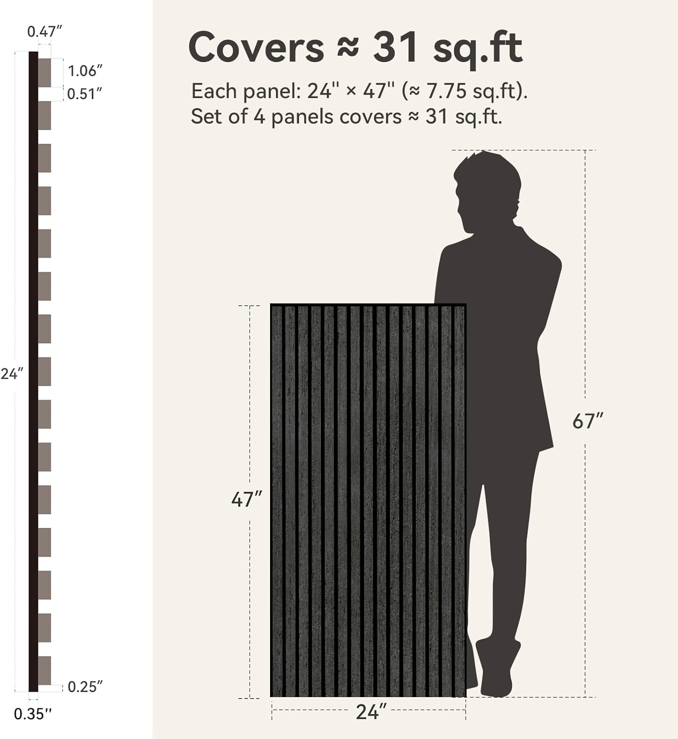 Upick MDF Acoustic Wall Panels, 4 Pack 48" x 24" 3D Slat Wood Panels for Wall, Soundproof Panels for Interior Wall Decor, Natural Black