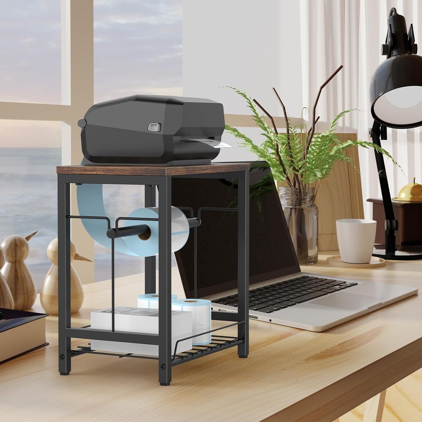 NANANARDOSO Label Holder for Thermal Printer with Basket,Wooden Label Holder for Shipping Label Printer,Sticker Roll Holder for Home, Office Small Business,Brown