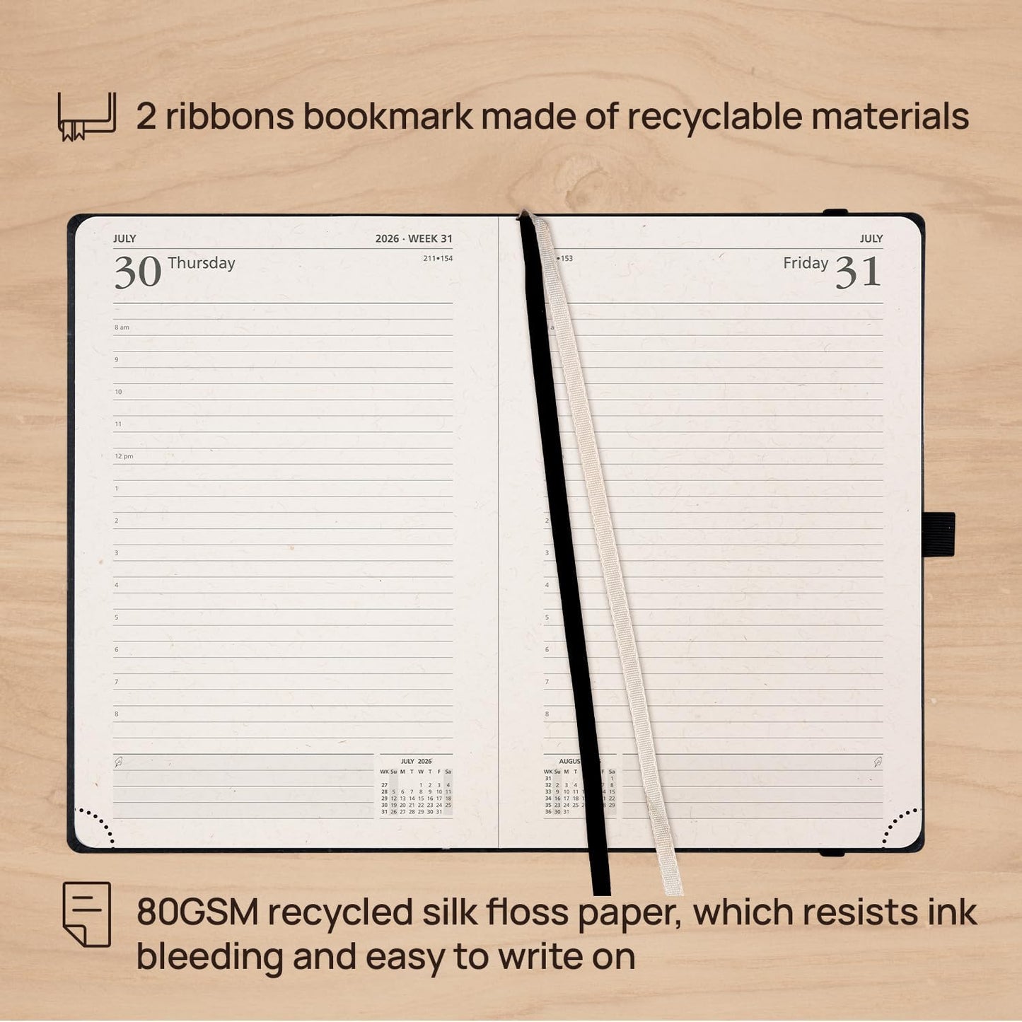 POPRUN 2026 Recycled Daily Planner 12 Months (A5 Medium Size 5.75'' x 8.6'') - One Page Per Day Calendar Hourly Appointment Book with Italian Regenrated Leather, Monthly Tabs, Pocket - Black Grey