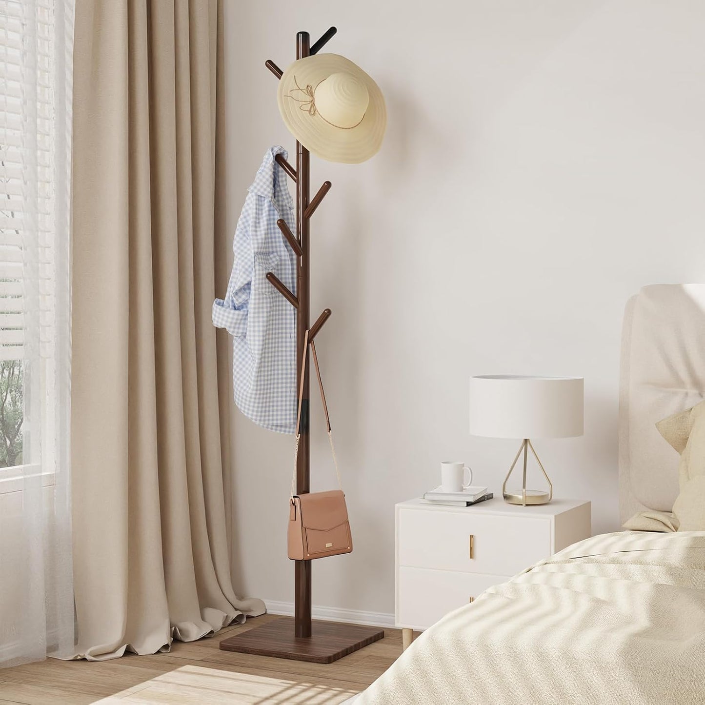 Coat Rack Freestanding with Stable Square Base, Entryway Furniture with 3 Adjustable Sizes and 8 Hooks, Used in Bedroom, Office and Hallway, Brown