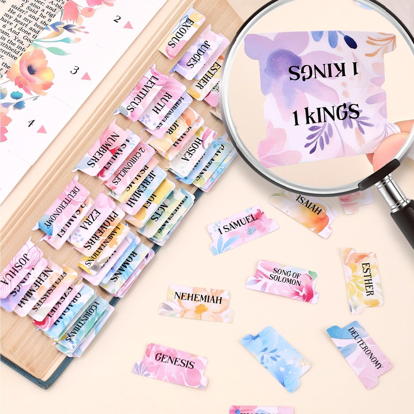 Bible Tabs for Women, 66 Large Print Laminated Bibles Chapters Index Tabs and 39 Blank Dividers Sticky Labels, Cute Beauty Bloom Bible Study Supplies, Journaling Accessories, Christian Gifts for Men