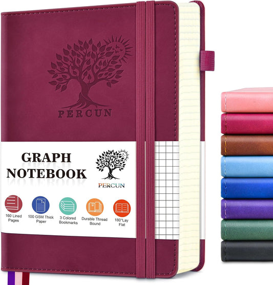 PERCUN Graph Paper Notebook, 160 Pages Grid Journal for women & men, A5 Hardcover Leather Graphing Notebook for School, Work, Travel, Note Taking 5.9”x8.5” (Burgundy)
